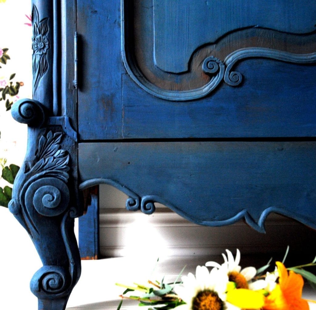 Ornate Blue Armoire by Annie Sloan Painter in Residence Ildiko Horvath painted with Chalk Paint®