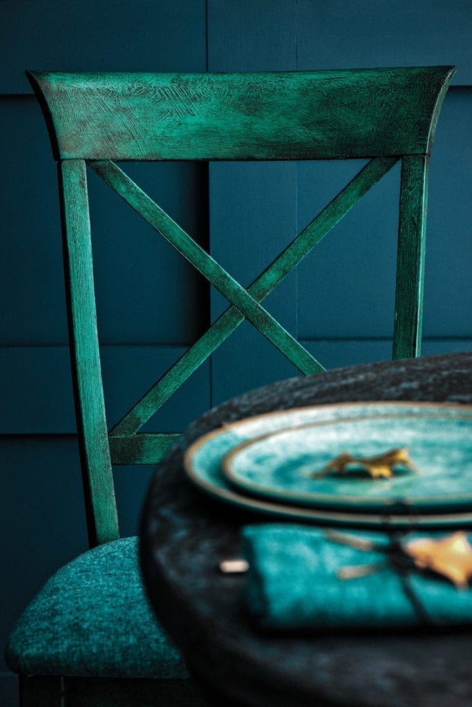 Chair painted with Chalk Paint® in Florence with texture and Black Wax in a Cosy Elegant Aubusson Blue Dining Room painted with Chalk Paint® by Annie Sloan