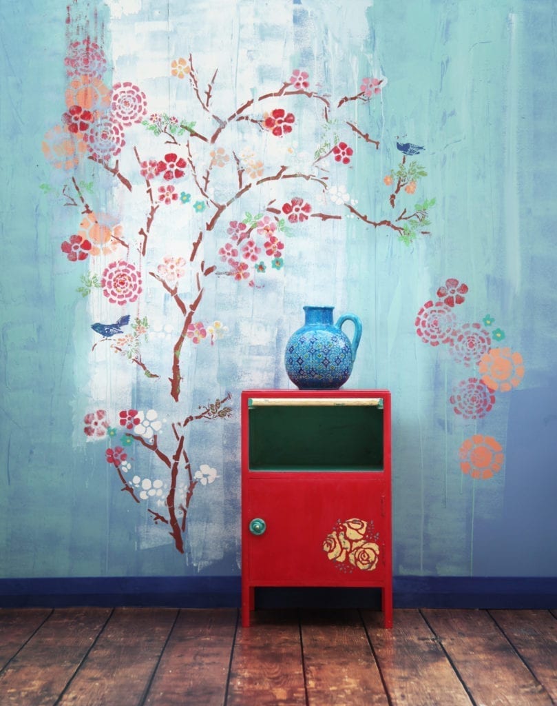 East Asian Inspired Wall Art by Annie Sloan Painter in Residence Janice Issitt painted with Chalk Paint® to create cherry blossom. Emperor's Silk cabinet