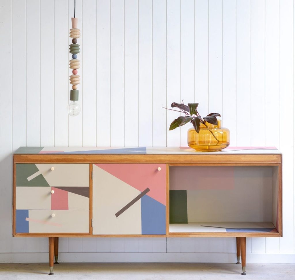 Mid-century modern sideboard painted with Chalk Paint® by Annie Sloan Painter in Residence Polly Coulson with geometric shapes