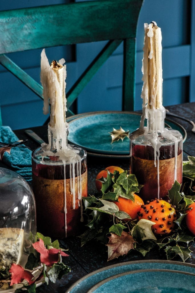 Gilded Christmas candle glass jar holders with Chalk Paint® in Burgundy, Warm and Bright Gilding Wax in an Aubusson Blue dining room