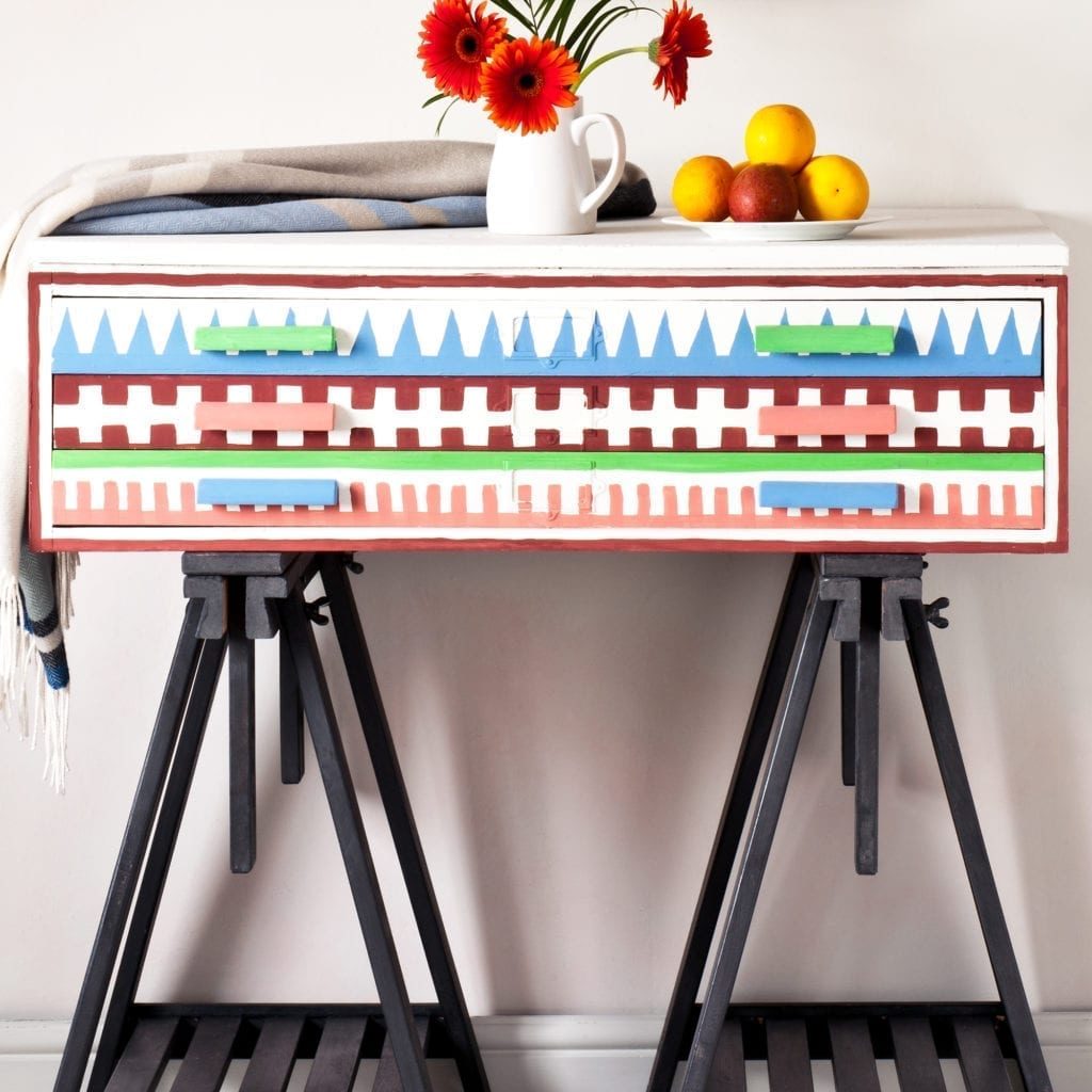 Geometric Graphic Plan Drawers painted by Annie Sloan in Chalk Paint®. Credit CICO Books Christopher Drake