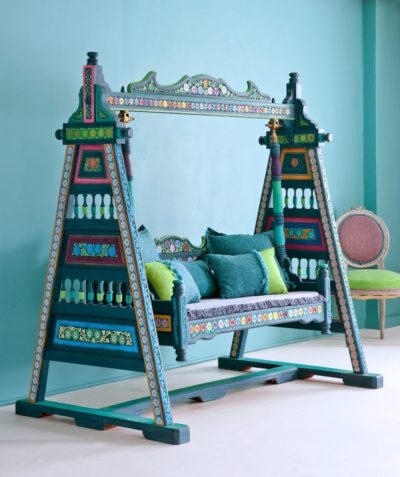 Pakistani Truck Art inspired Jhoola, a wedding swing, painted with Chalk Paint® by Annie Sloan in blues and celebratory colours. Linen Union in Provence + Aubusson Blue finishes