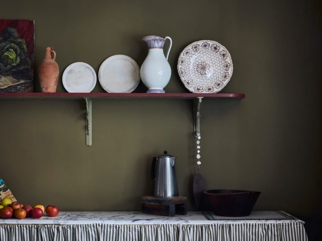 Farmhouse French-style kitchen painted with Chalk Paint® by Annie Sloan in Olive, finished with Ticking and patterned tiles