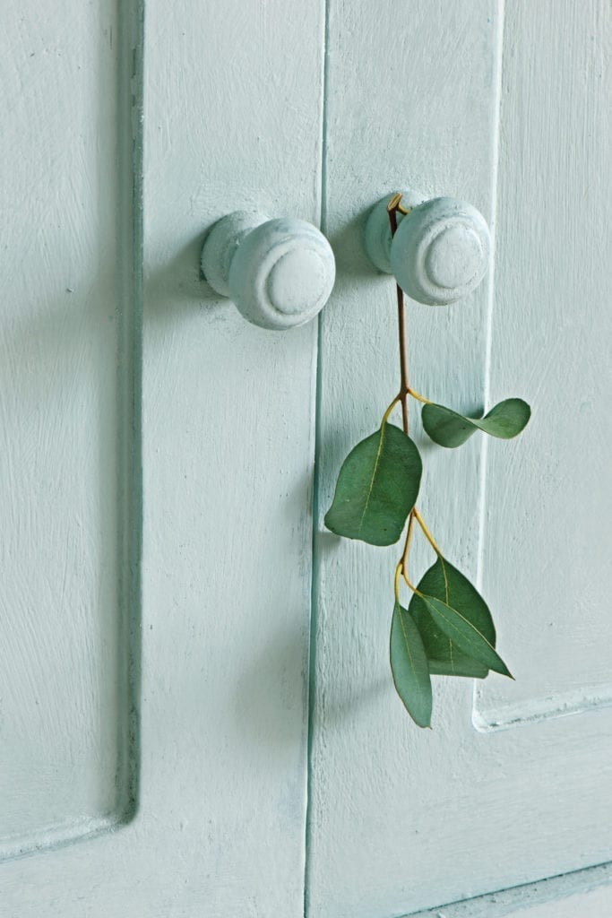 Minimal Scandinavian Forest Cabinet painted with Chalk Paint® by Annie Sloan in Duck Egg Blue and Old White leaf on handle