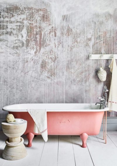 Rustic plaster effect bathroom painted with Chalk Paint® in Scandinavian Pink, Honfleur and Old White with Lacquer