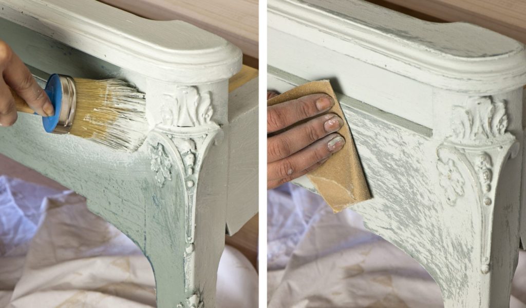 Rustic wax-resist headboard painted with Chalk Paint® by Annie Sloan from her Normandy Farmhouse step 5 and 6