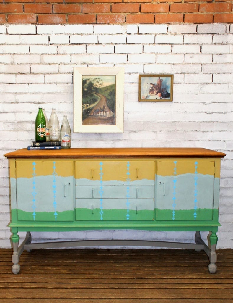 Striped Sideboard by Annie Sloan Painter in Residence Beau Ford painted with Chalk Paint® in Antibes Green, Duck Egg Blue and a mustard mix