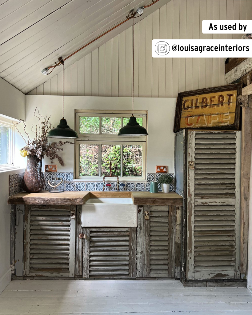 Annie Sloan Wall Paint in Old White used in Rustic Style Kitchen featuring Shuttered Cupboards