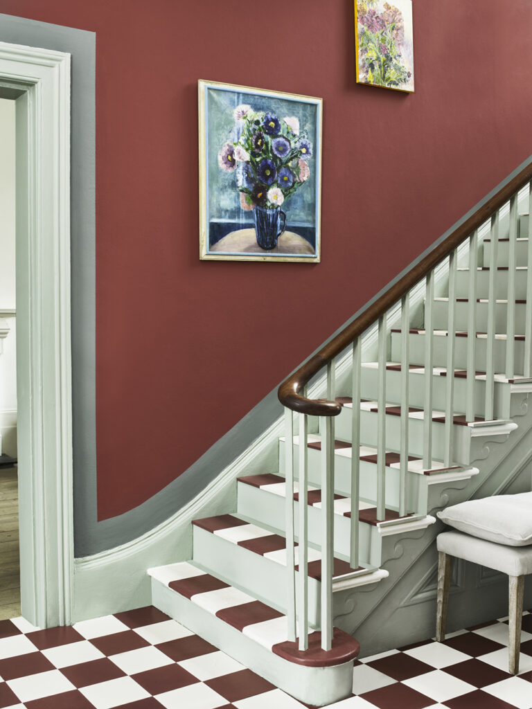 Primer Red and Cambrian Blue Detail Wall Paint Staircase featuring Primer Red and Original Chalk Paint Tiled Flooring