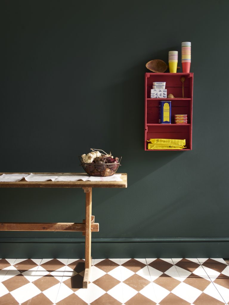Annie Sloan Wall Paint in Knightsbridge Green Lifestyle Image featuring Chalk Paint Emperor's Silk Shelves