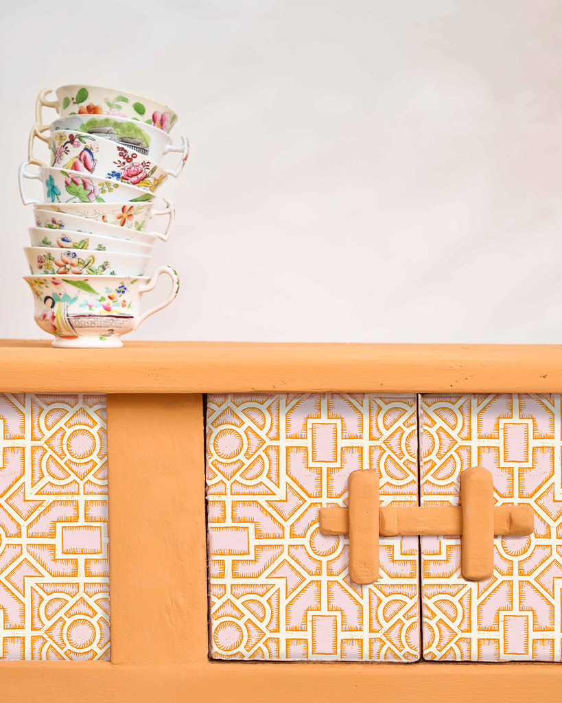Close up of console table decorated with Borders decoupage