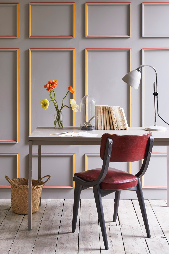 Panelled Wall Painted in Annie Sloan Paris Grey Wall Paint with Scandinavian Pink and Arles Chalk Paint Details and French Linen Table and Graphite Chair