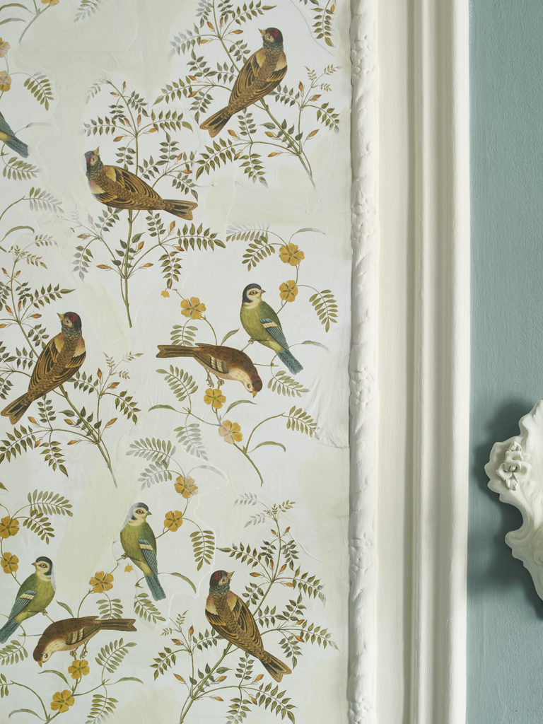 Close up of Songbirds Decoupage by Annie Sloan used on a bathroom wall