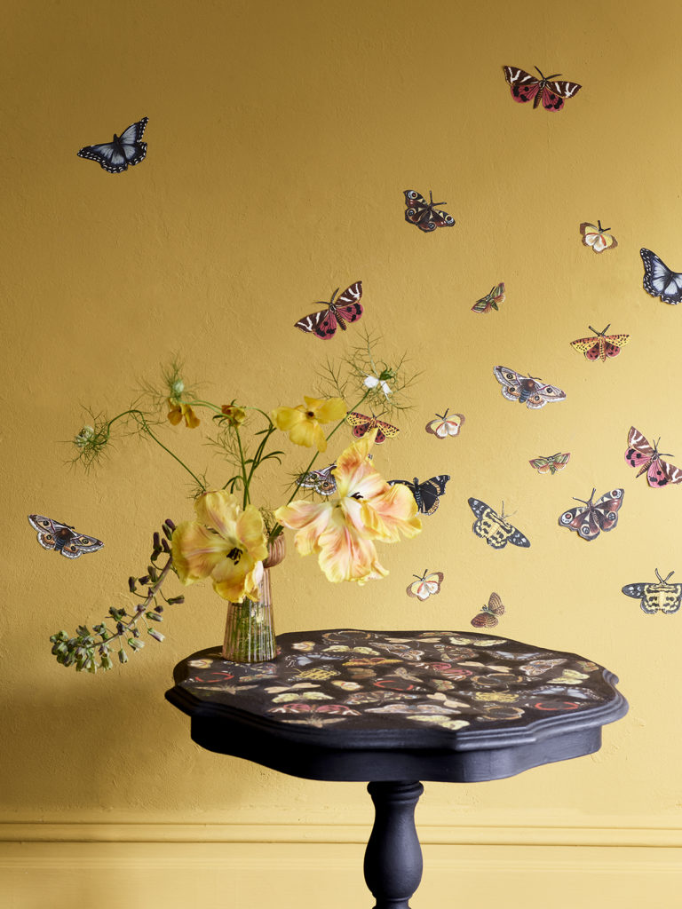 Winged Wildlife decoupage used on a Carnaby Yellow wall by Annie Sloan