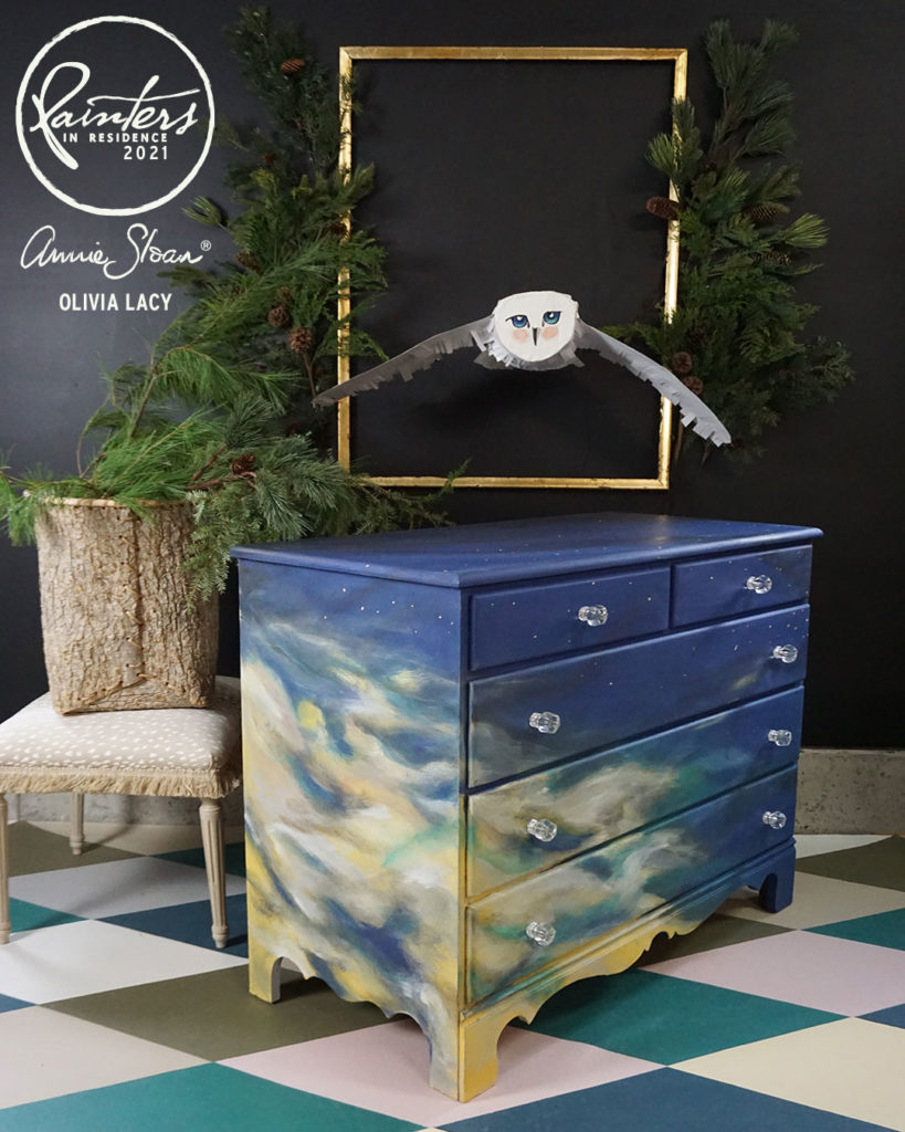 Sky themed chest of drawers by Annie Sloan’s Painter in Residence, Olivia Lacy of Pigeon and Pip