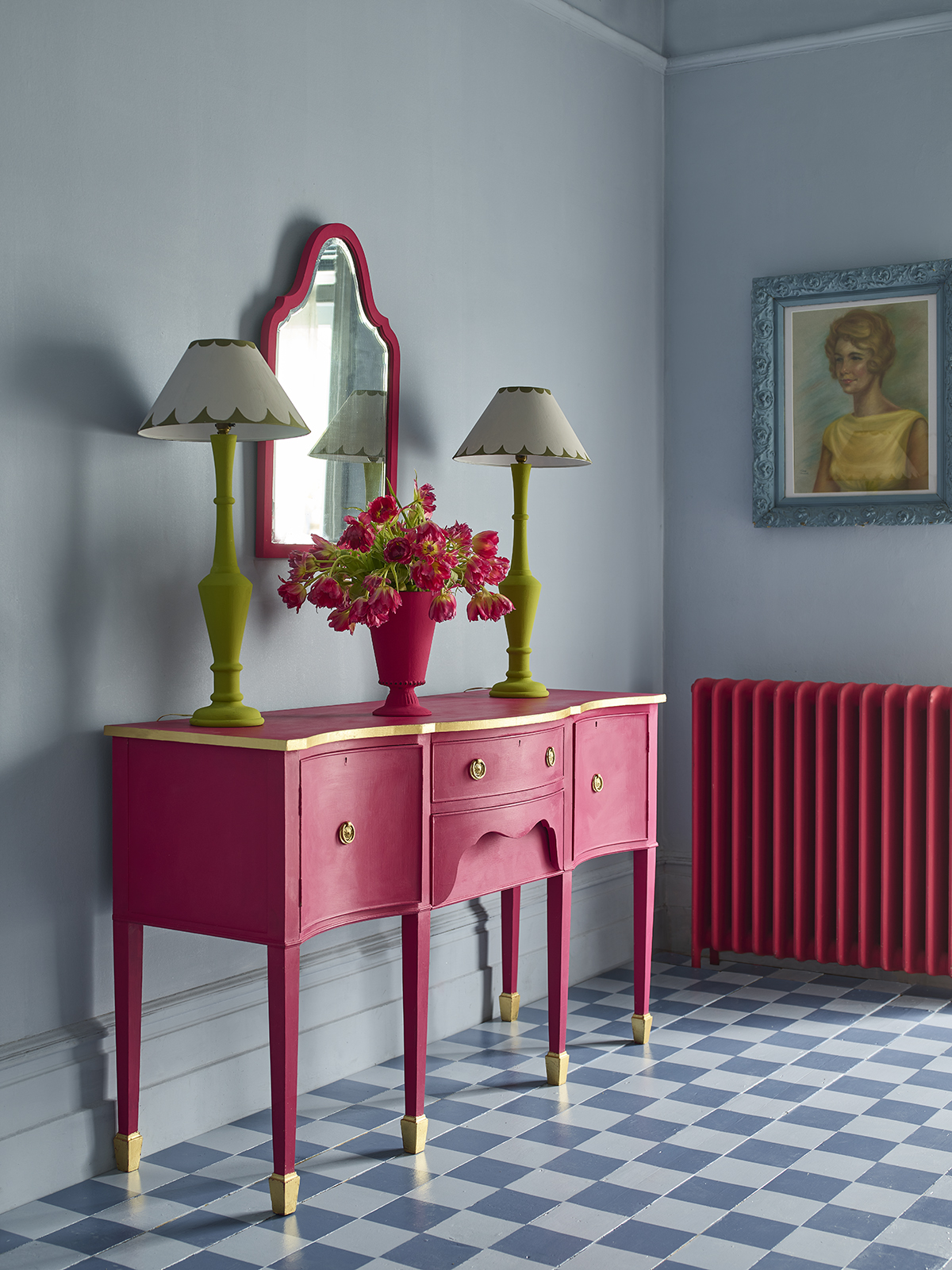 Capri Pink Chalk Paint by Annie Sloan on a dressing table with mirror