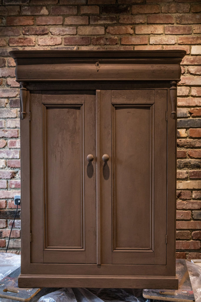 Annie Sloan Painter in Residence 84 Square Faded Glamour Belgian Cupboard in Annie Sloan Chalk Paint in Honfleur with Gold Size Detailing In Progress