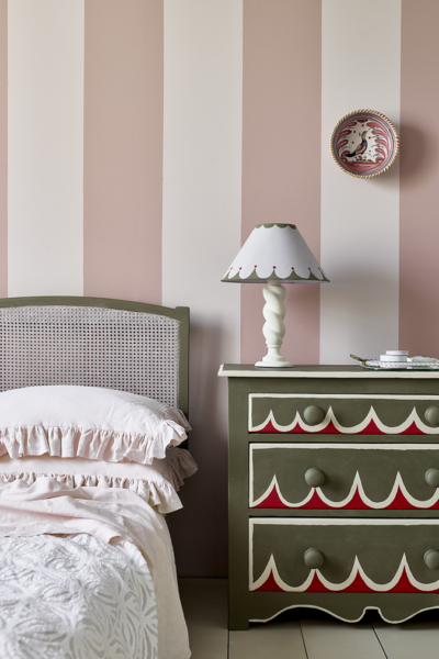Annie Sloan Piranesi Pink Wall Paint Creative Striped Bedroom featuring Scalloped Chest