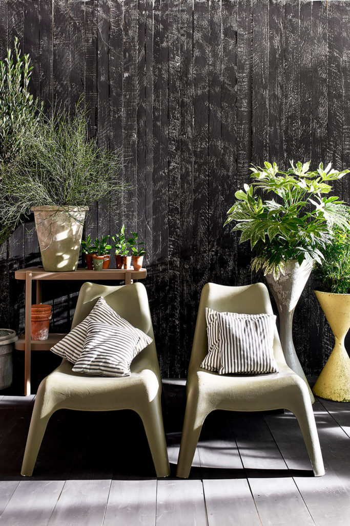 Annie Sloan Chalk Painted Outdoor Chairs in Olive Side by Side and Green Plants in Background