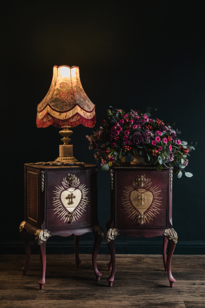 84 Square Sacred Heart Beside Tablets featuring Lamp and Floral Arrangement