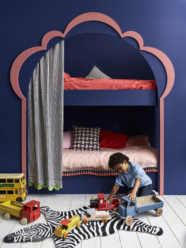 Annie Sloan Napoleonic Blue and Scandinavian Pink Chalk Painted Kids Room featuring Arched Recess Bed