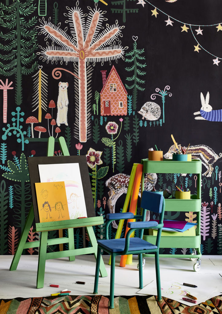 Chalk Painted Bedroom Mural and Children's Easel, Chair, and Trolley