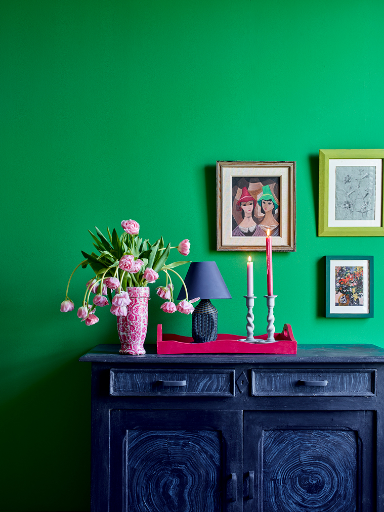 Shop Your Home Annie Sloan Schinkel Green Wall Paint Lifestyle Image featuring Small Tray, Candlesticks, Lamp, and Picture Frames Painted in Chalk Paint