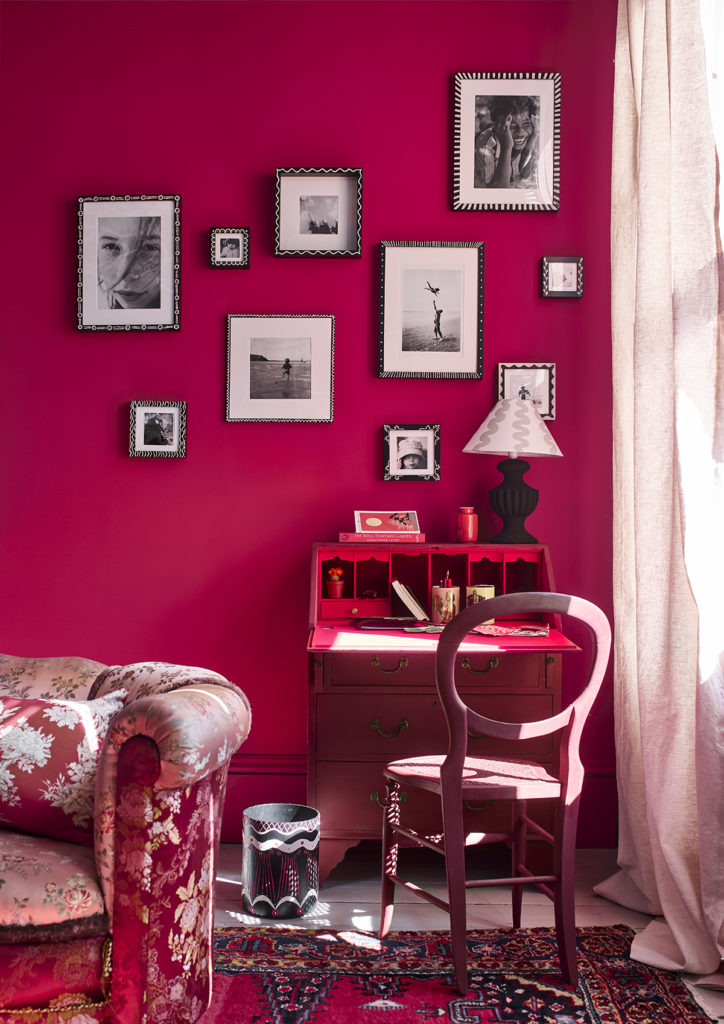 Shop Your Home Capri Pink Wall Paint Study Corner featuring Emperor's Silk Bureau and Chalk Paint Picture Frames and Waste Paper Bin