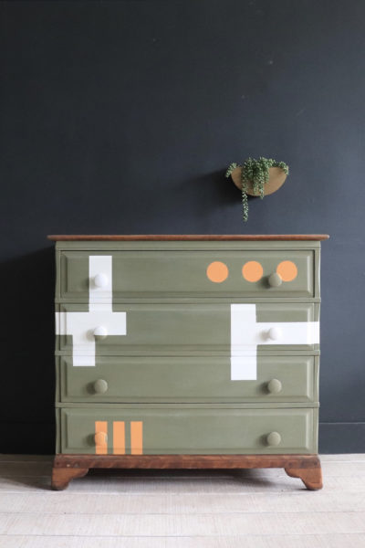 Bauhaus Chest of Drawers in Olive, Old White, and Barcelona Orange Chalk Paint by The House Warmings
