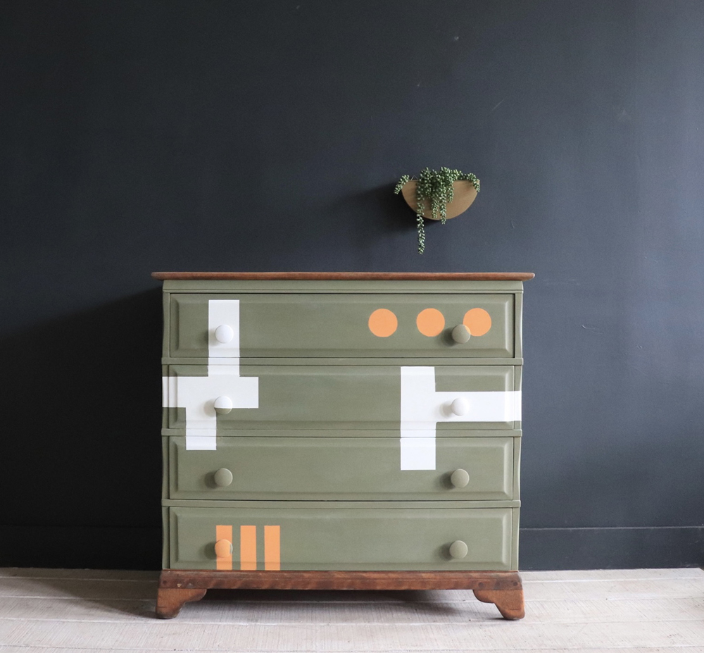 Bauhaus Chest of Drawers in Olive, Old White, and Barcelona Orange Chalk Paint by The House Warmings