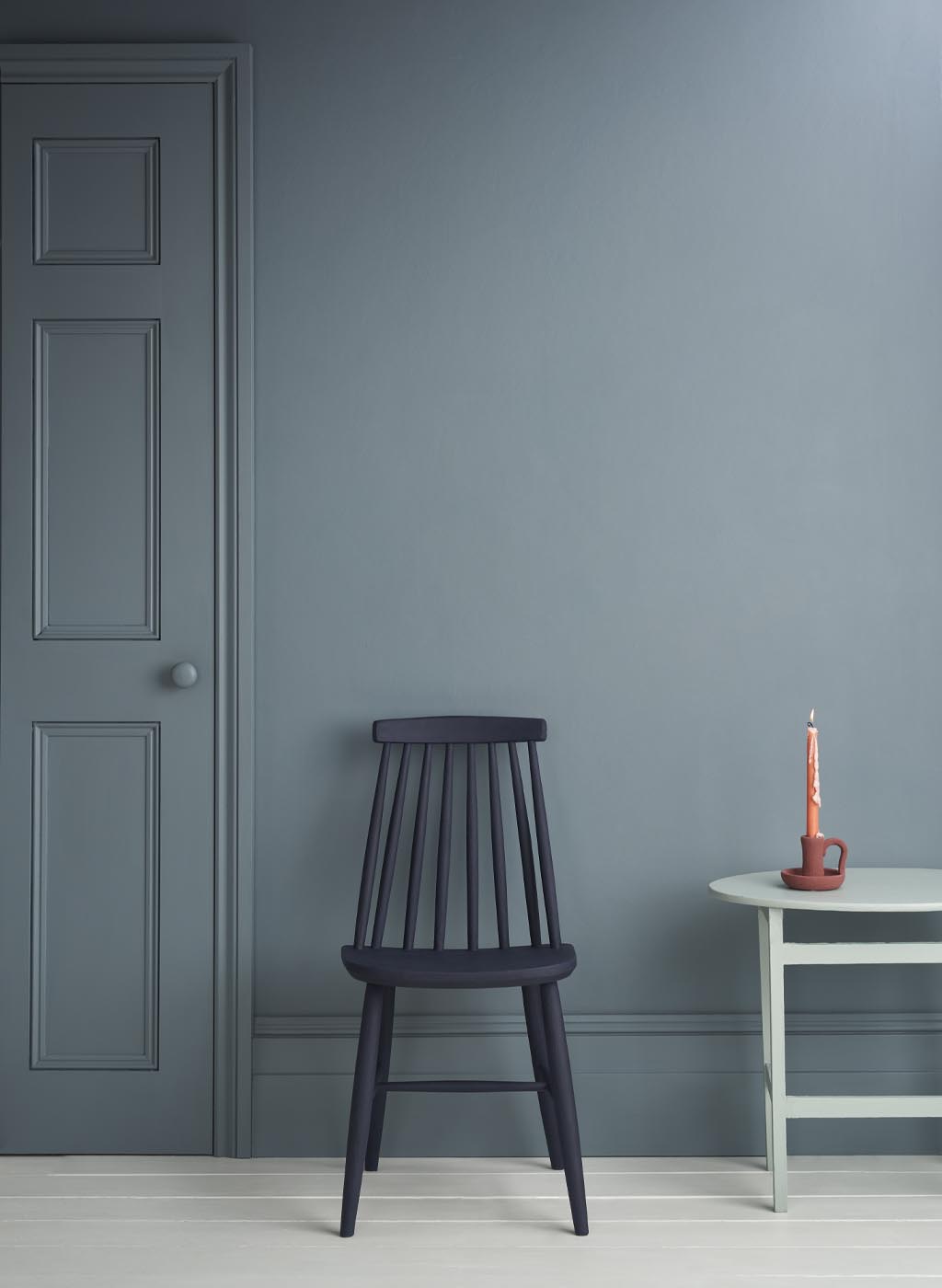 Cambrian Blue Painted Wall and Satin Painted Door and Skirting Boards. Chair and Side Table Staging