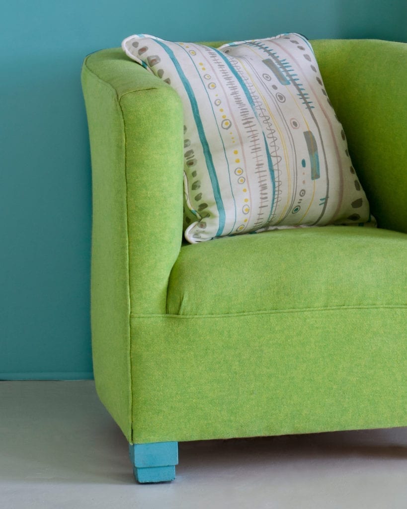 Piano in Provence fabric by Annie Sloan cushion and sofa upholstered in Linen Union in English Yellow + Antibes Green