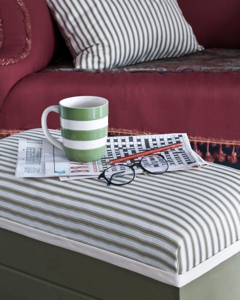 Ticking in Olive fabric by Annie Sloan cushion and footstool painted with Chalk Paint in Olive