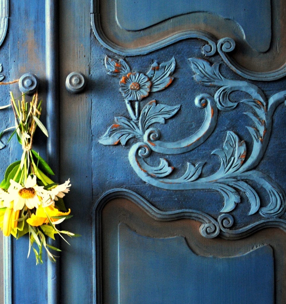 Ornate Blue Armoire by Annie Sloan Painter in Residence Ildiko Horvath painted with Chalk Paint®