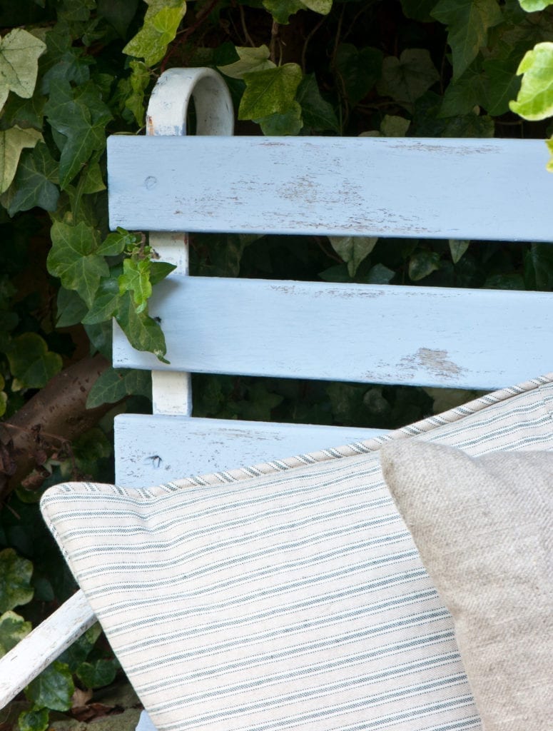 Garden Bench painted with Chalk Paint® by Annie Sloan in Louis Blue and Old White and finished with Matt Lacquer.