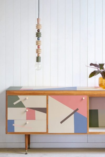 Mid-century modern sideboard painted with Chalk Paint® by Annie Sloan Painter in Residence Polly Coulson with geometric shapes