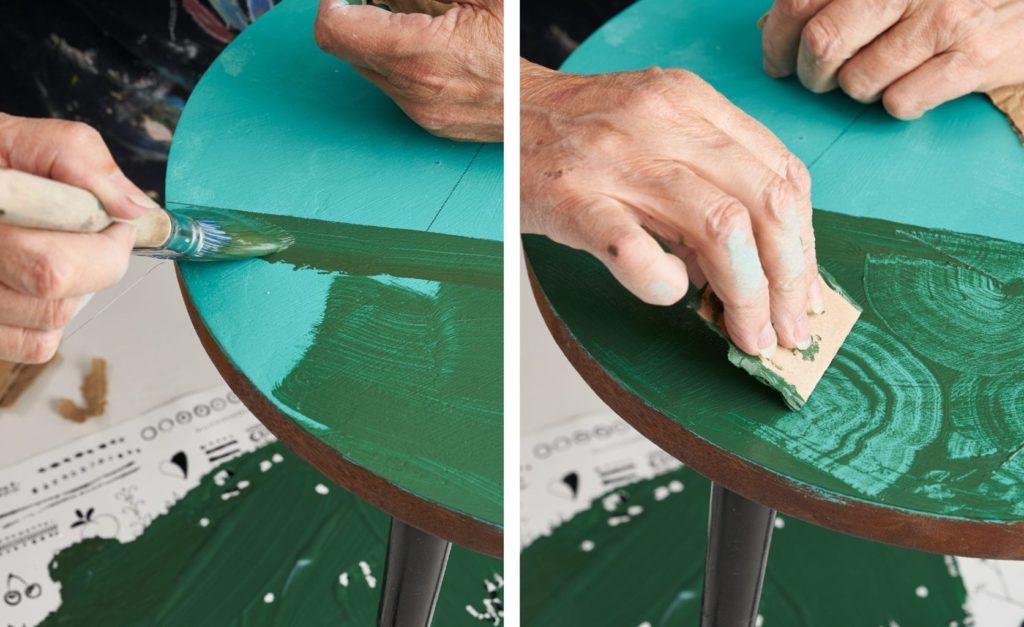 How to paint a Malachite Effect Table Top painted by Annie Sloan with Chalk Paint® in Florence and Amsterdam Green from The Colourist Issue 3 step 3 and 4