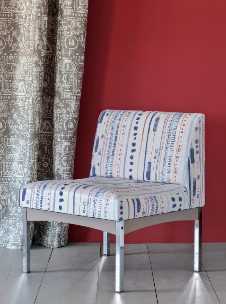 Piano in Old Violet fabric modern chair with Tacit in French Linen curtain and Wall Paint in Emperor's Silk by Annie Sloan