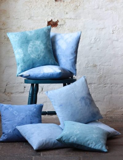 Shibori Tie-Dye cushions by Annie Sloan Painters in Residence Abigail and Ryan Bell with Chalk Paint® in Aubusson Blue, Napoleonic Blue and Greek Blue
