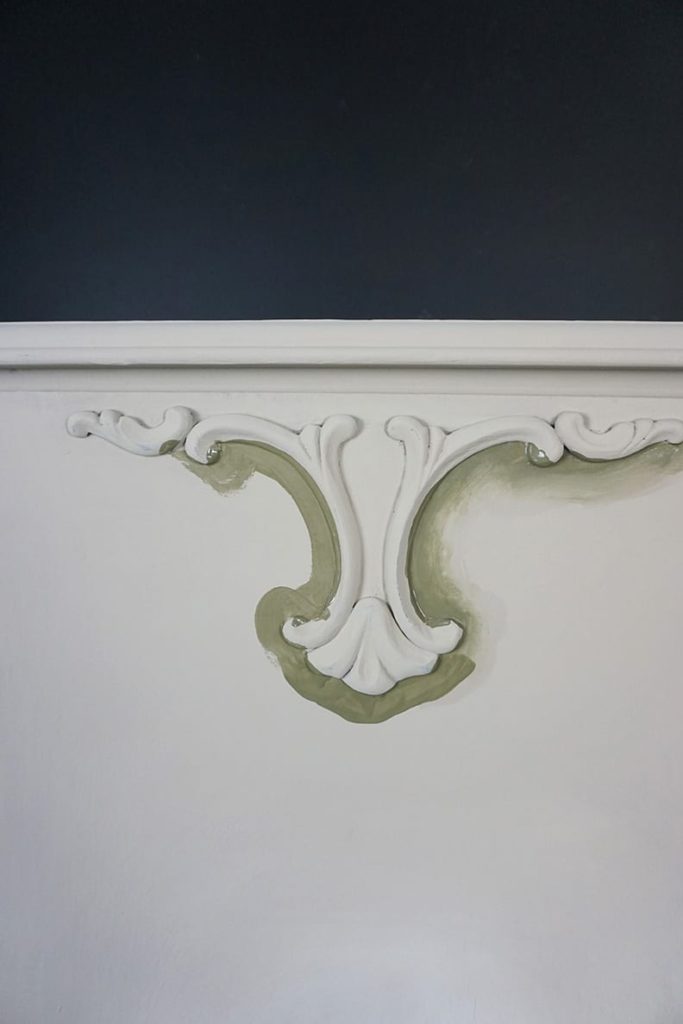 Close up of Olive Chalk Paint® detail on Olivia Lacy's cabinet