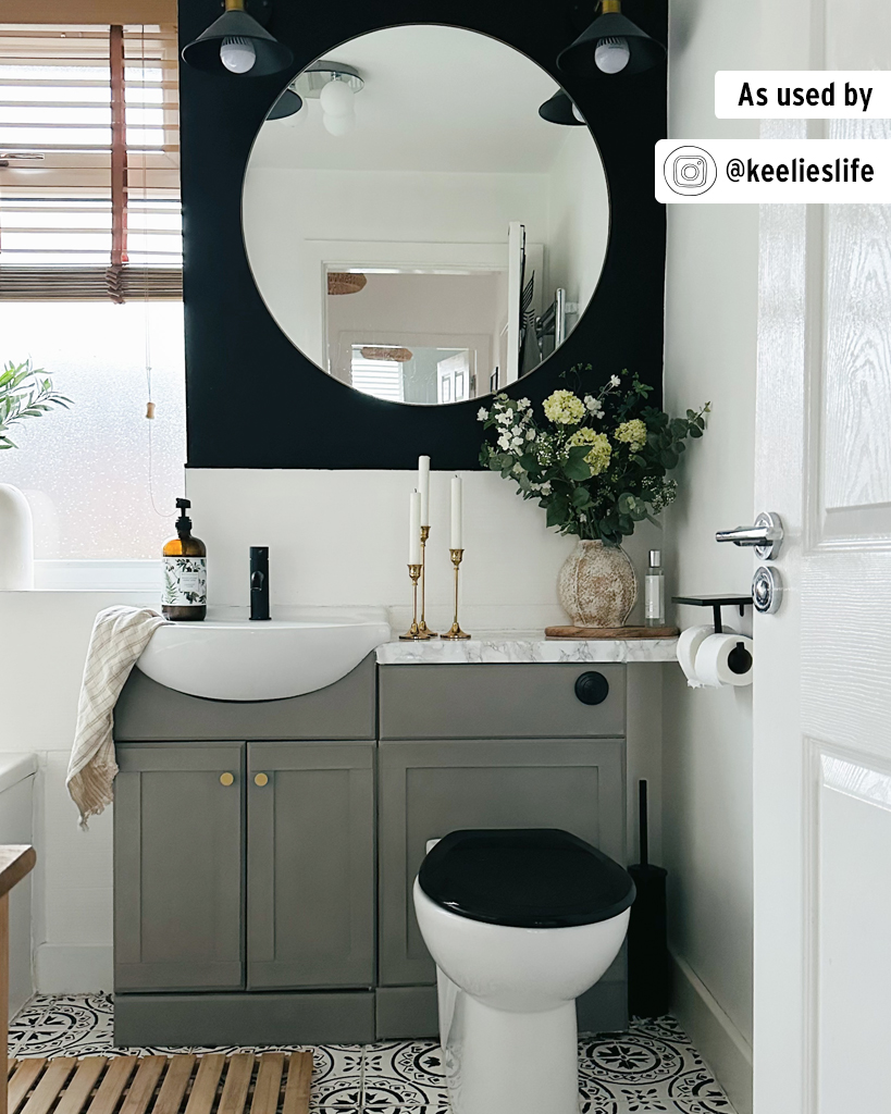 French Linen Chalk Painted Bathroom Cabinets in Minimalist Modern Bathroom