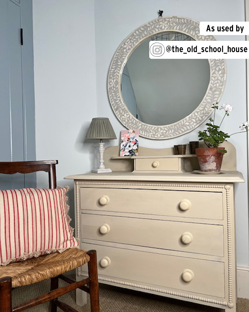 Old Ochre Chalk Painted Chest Staged with Mirror and Chair and Striped Cushion by The Old School House