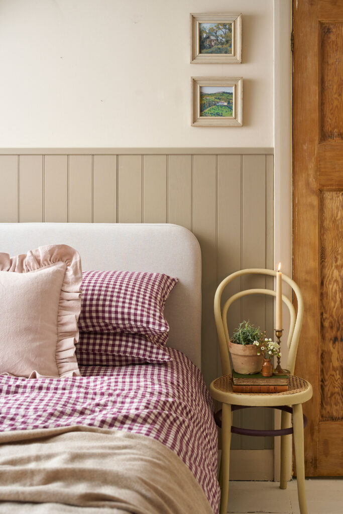 Coco Chalk Paint used on panelling behind a headboard in bedroom