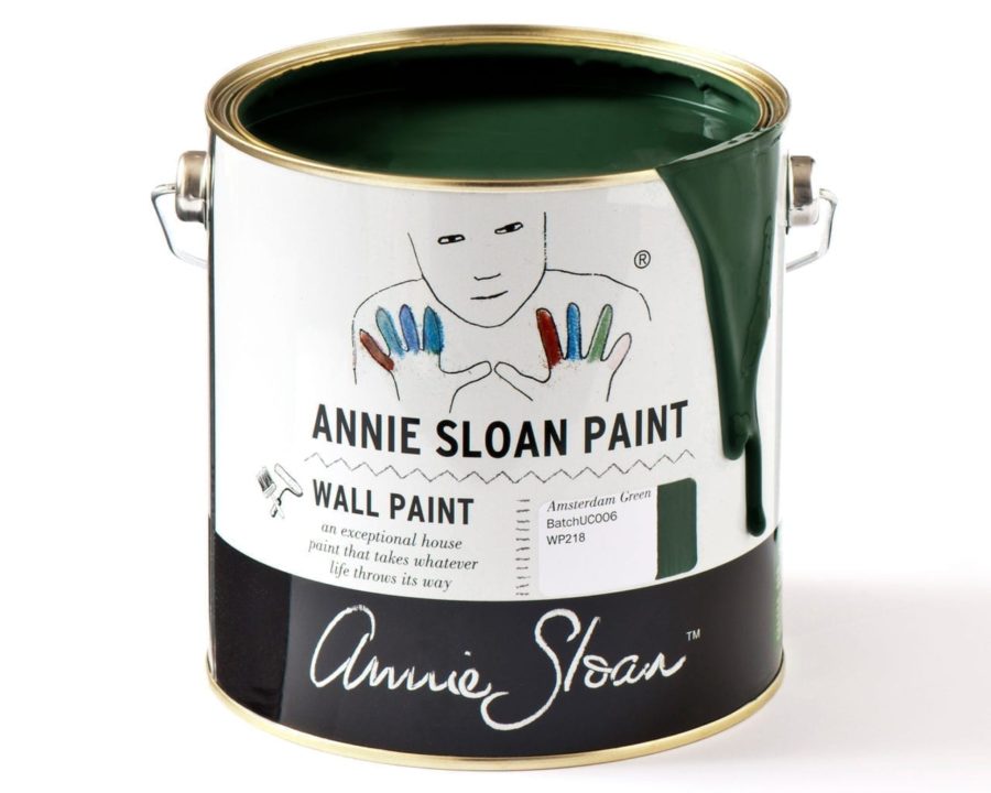 2.5 litre tin of Wall Paint by Annie Sloan in Amsterdam Green, a strong, deep forest green