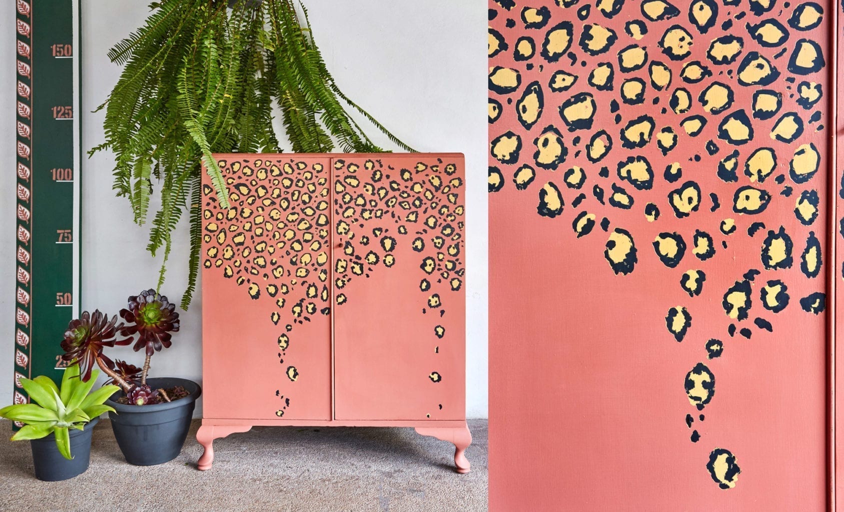 Annie Sloan Painters in Residence shed eleven leopard-print cabinet painted with Chalk Paint® in Scandinavian Pink