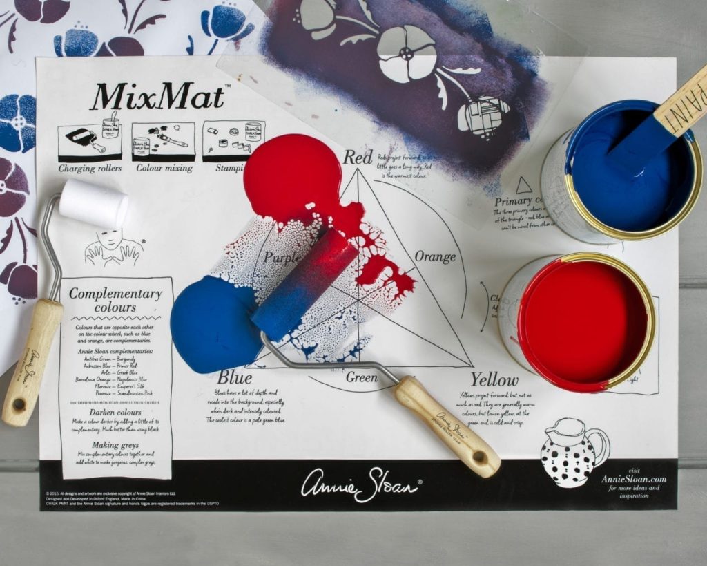 Annie Sloan silicone MixMat with Chalk Paint in Emperor's Silk and Napoleonic Blue being rolled onto a stencil