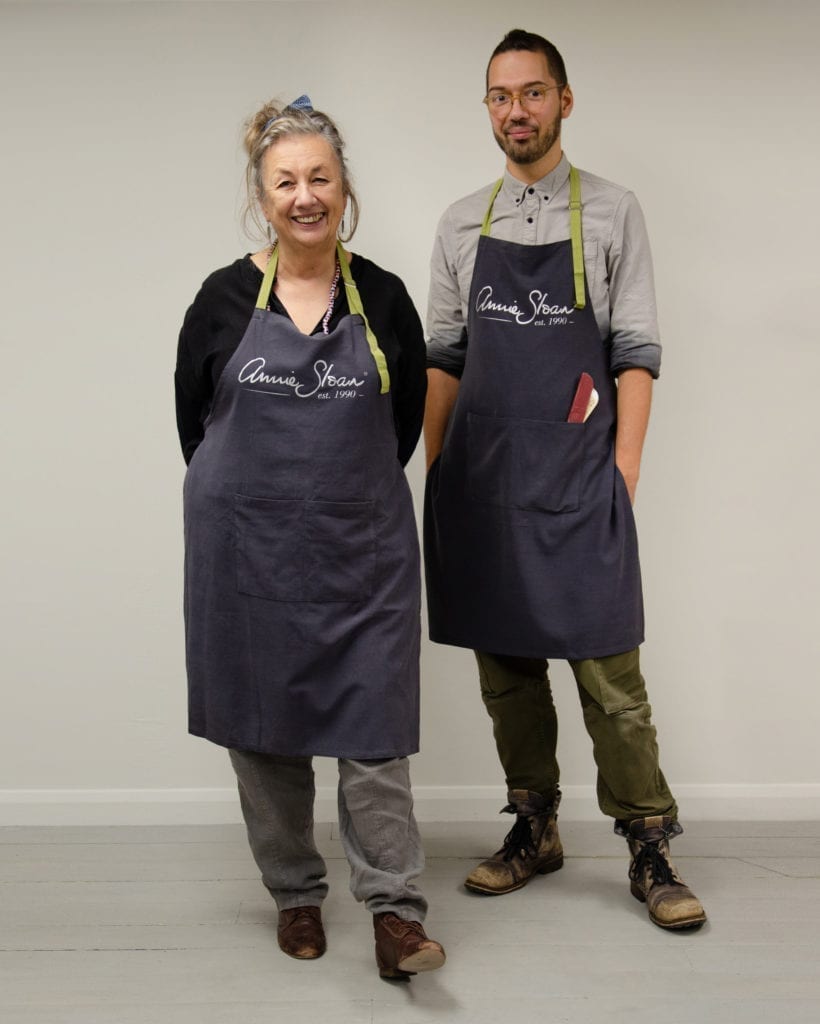 Annie and Felix Sloan wearing the Annie Sloan Apron