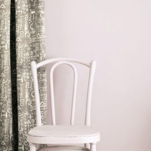 Antoinette Wall Paint by Annie Sloan, chair painted in Chalk Paint® in Antoinette andTacit in French Linen curtain