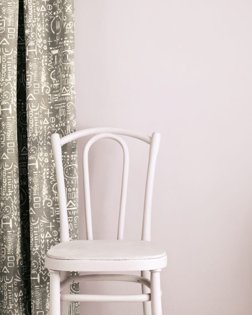 Antoinette Wall Paint by Annie Sloan, chair painted in Chalk Paint® in Antoinette andTacit in French Linen curtain